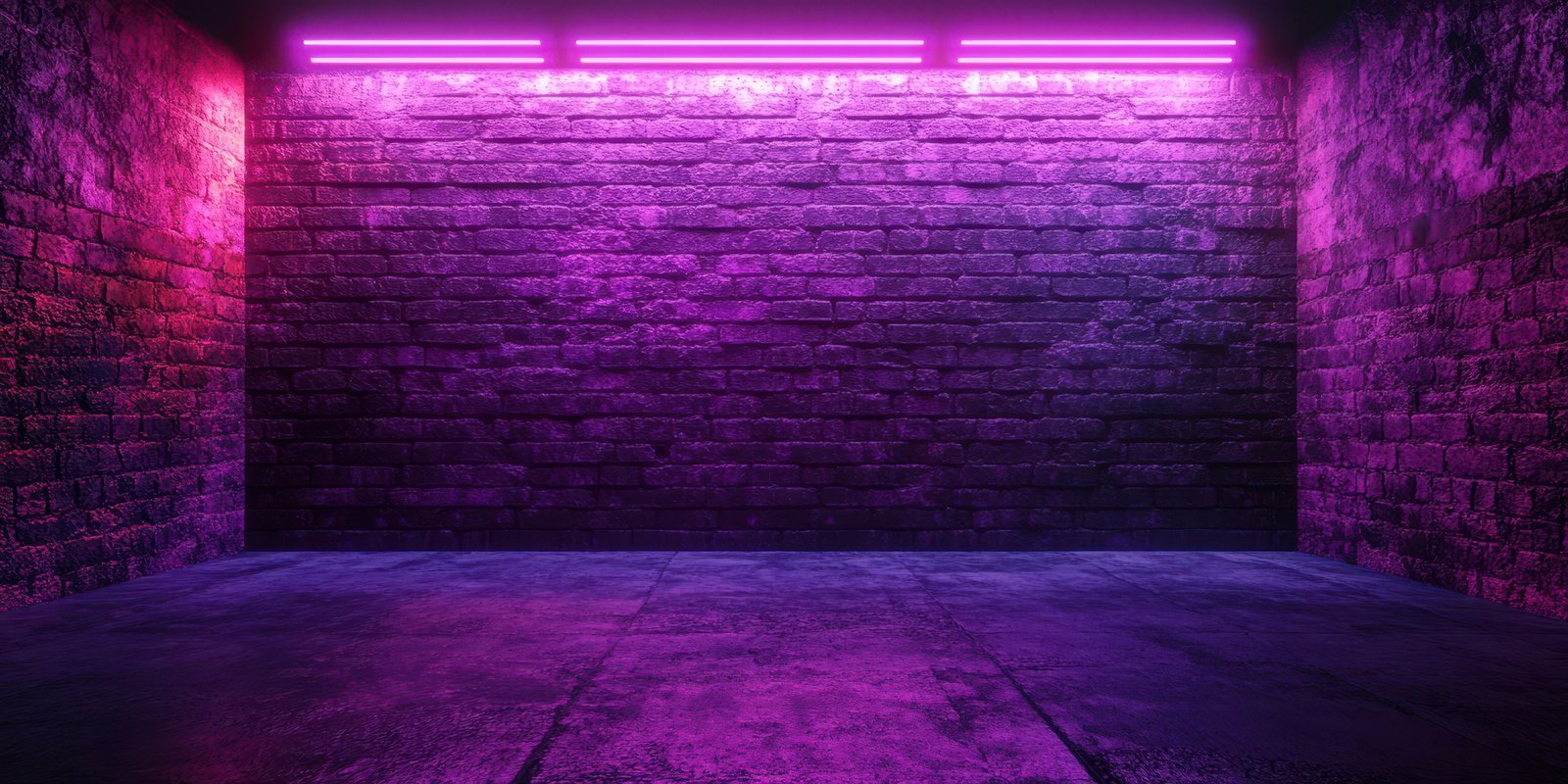 Vibrant purple light illuminates a textured brick wall in an urban setting during nighttime